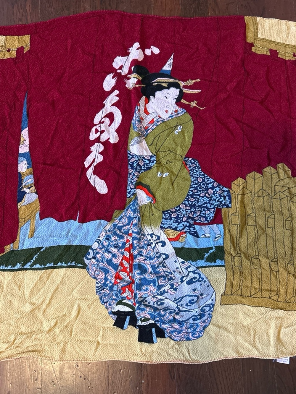 Source Unknown Red and Blue Japanese Geisha Tapestry with Gold Accents